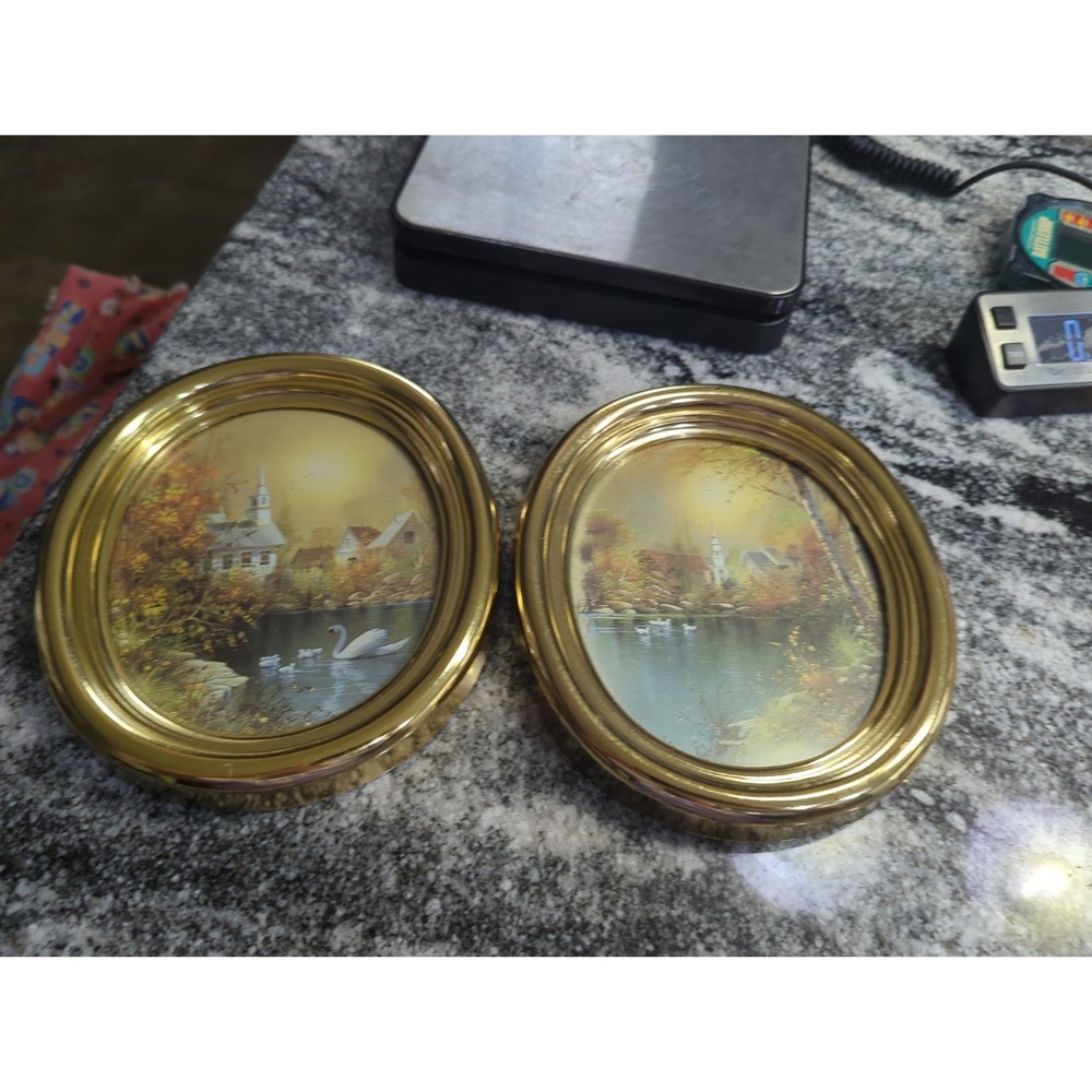 2 Vintage Homco Gold Plastic Oval Picture Frames Swan Church Cottage Core